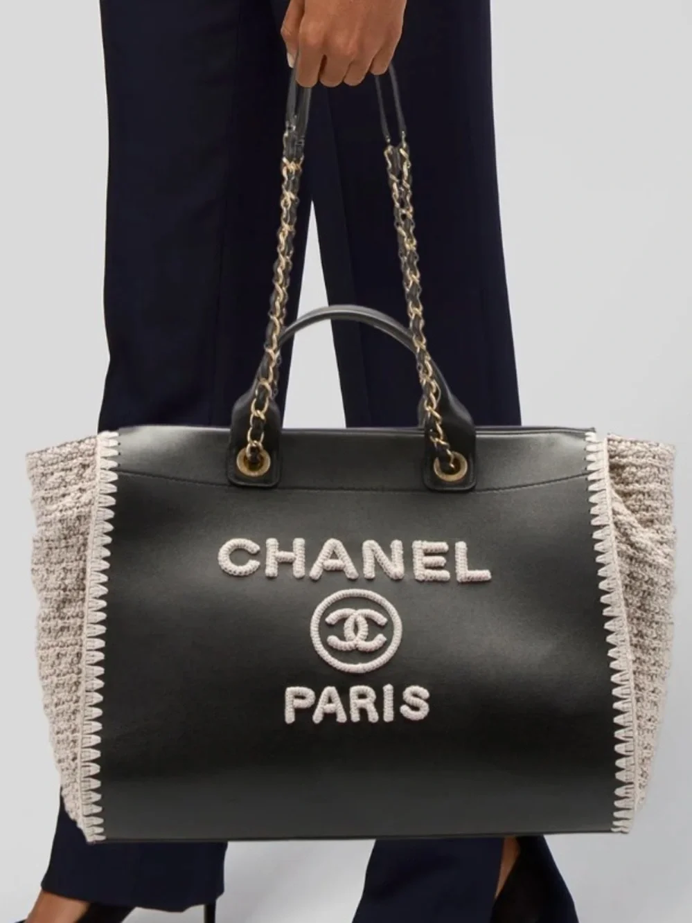 NEW Chanel Leather & Crochet Raffia Deauville Tote Bag Rare
